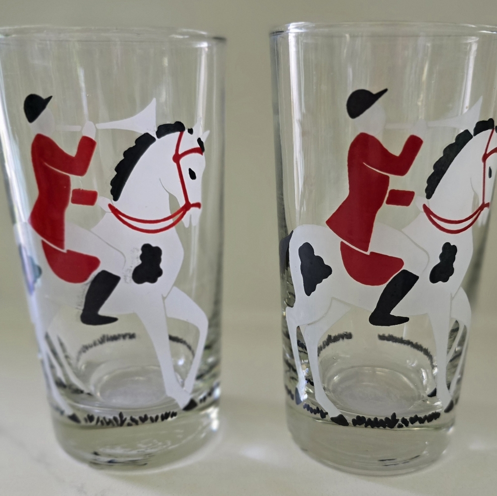 Vintage MCM Libby Tally Ho Series‎ Glasses Equestrian Fox Hunt Set Of Two